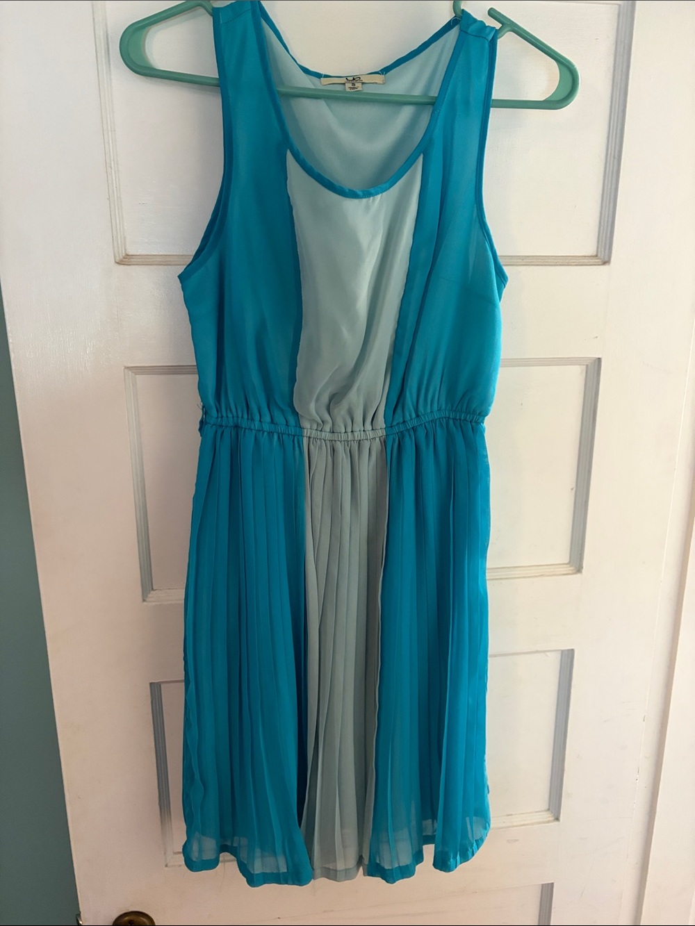 Sleeveless Teal and Light Aqua Pleated Dress